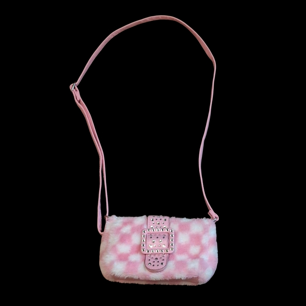 Miss Gwen's OMG Accessories Faux-Fur Pink White Checkerboard Crossbody Purse